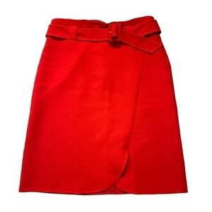 Halogen Daring Bright Red Wrap Midi A-Line Skirt with Large Buckle Belt Size 14